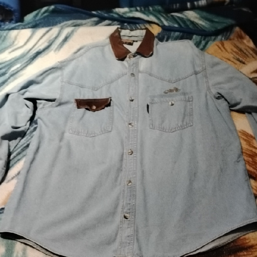 Men's Vintage Large Easyriders Biker Jean Shirt With Leather Accents Authentic